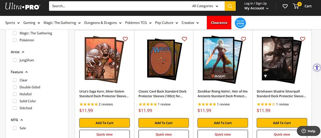 Ultra Pro website screenshot showing some available sleeves