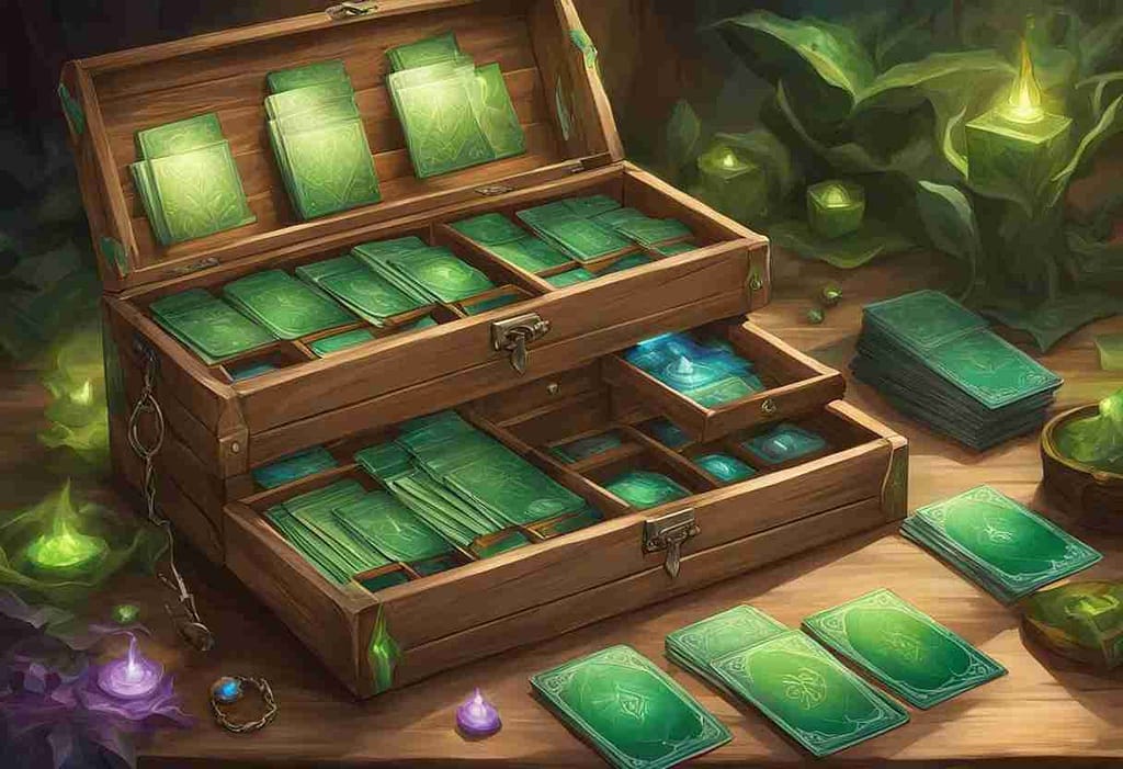 Wooden case containing magical green cards, on a table surrounded by glowing green candles