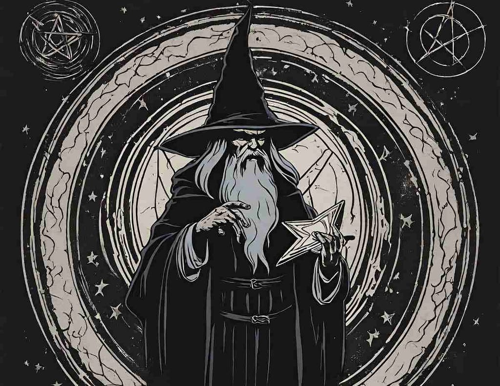black wizard in a summoning circle casting a spell