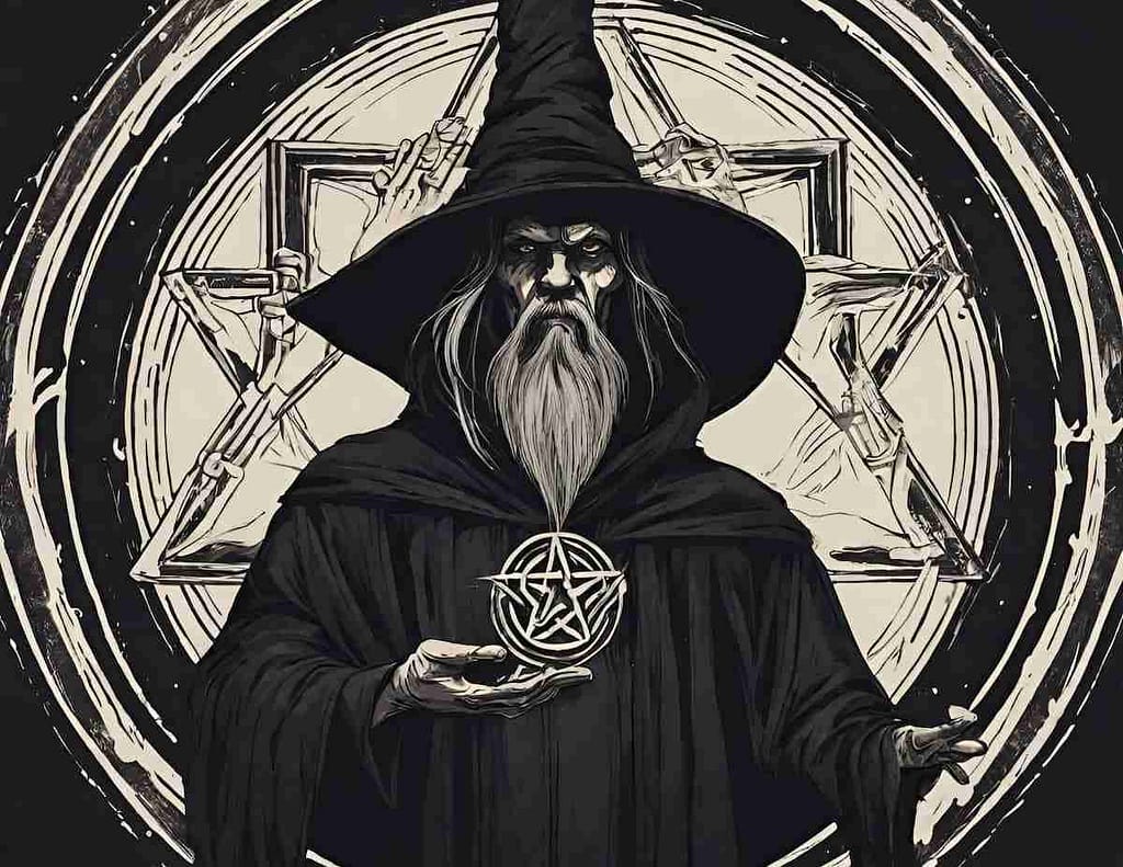 An old wizard in black robes and hat with long white beard holding a pentacle standing in front of a summoning circle