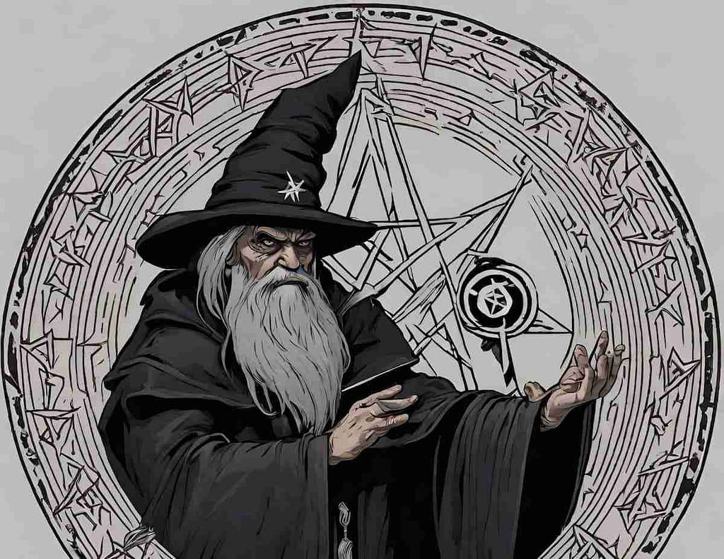 Old wizard in black robes casting a spell in a summoning circle