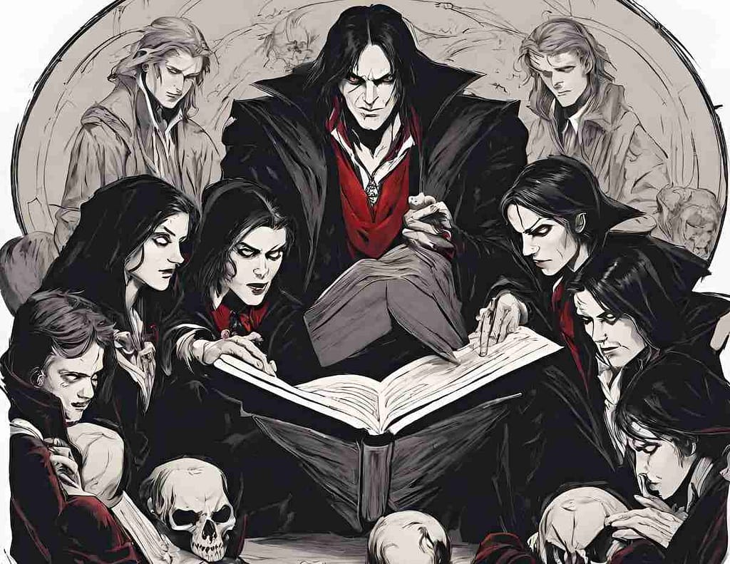 a vampire tutoring younger vampires regarding a large book