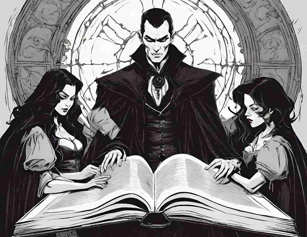 An older male vampire tutoring two younger female vampires around a large open book