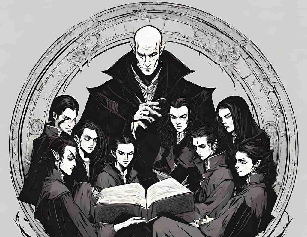 Old bald vampire tutoring younger vampires