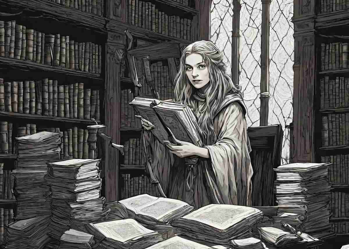 colorless tutor card featured image, a female colorless wizard studying in a library