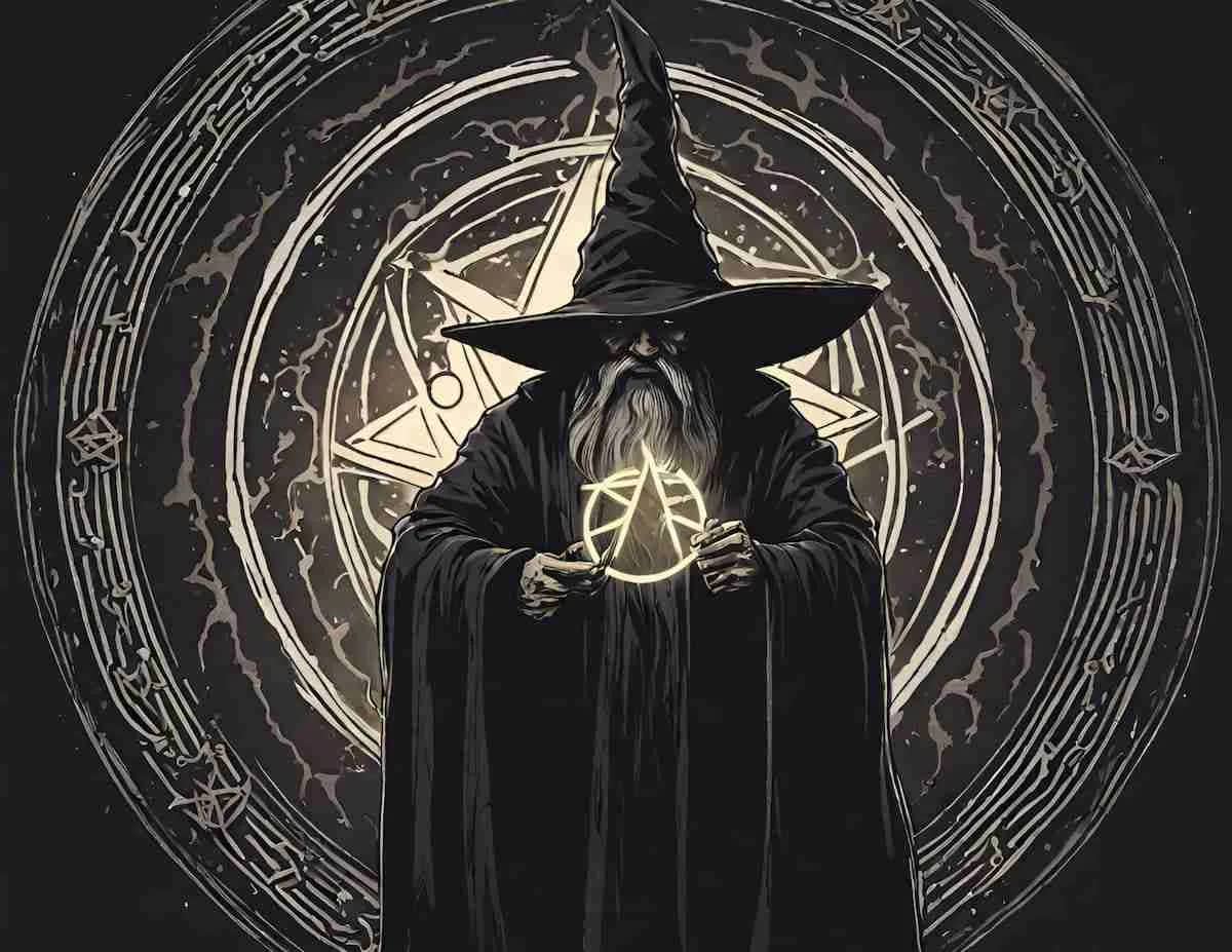 black wizard casting a spell, representing a mono black tutor