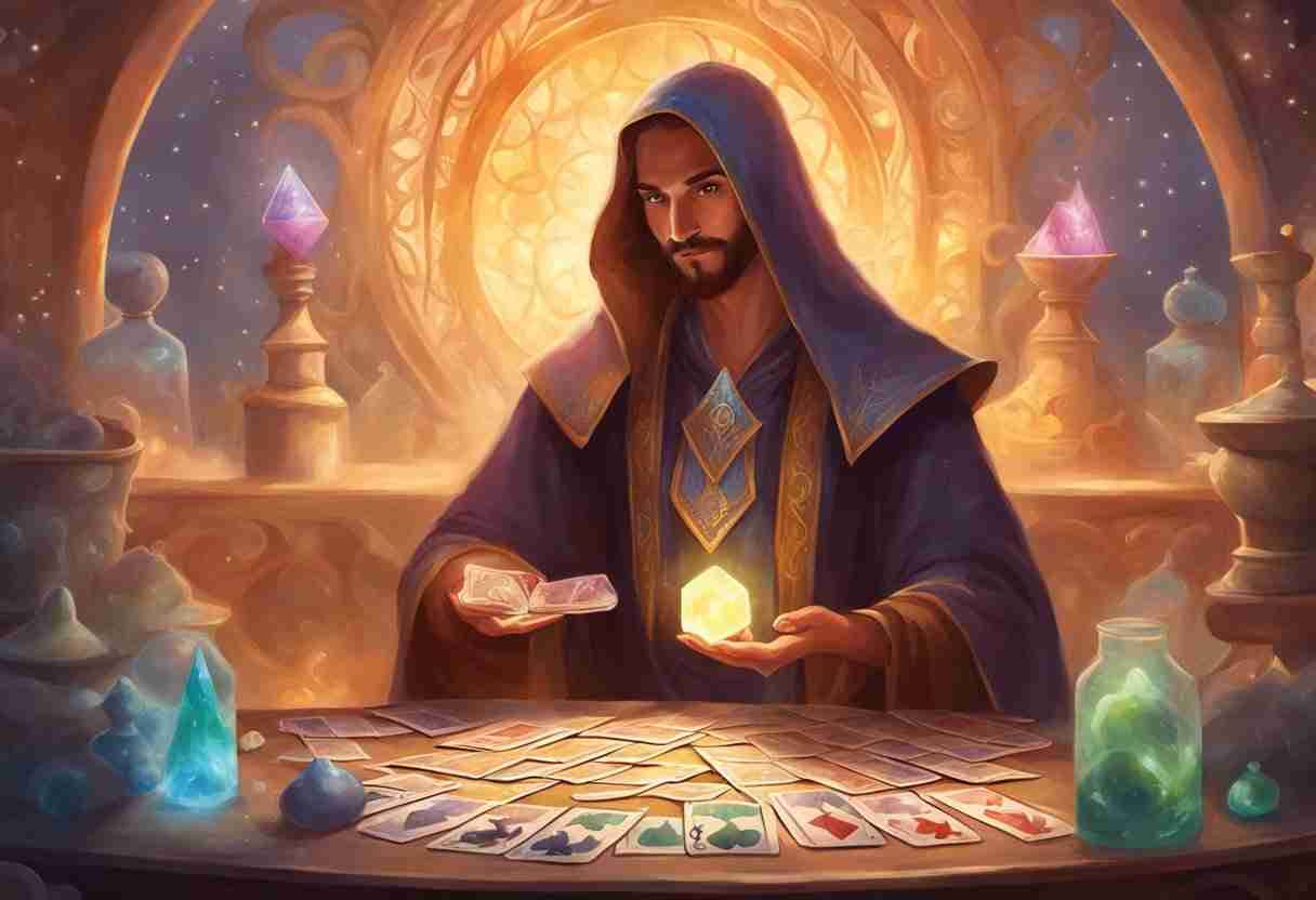 A wizard with cards spread all over the table in front of him, holding a glowing yellow gem