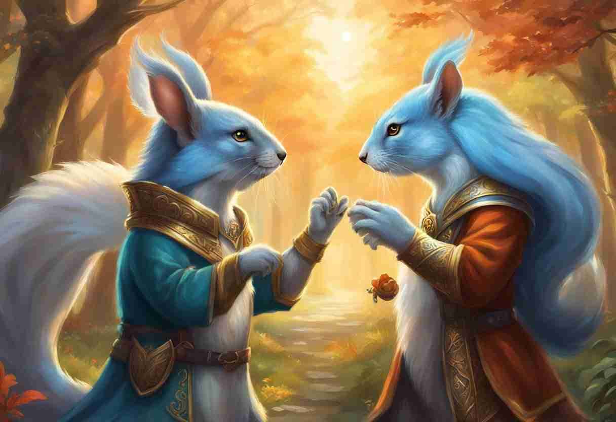 Male and female white squirrels dressed in regal garb exchanging something