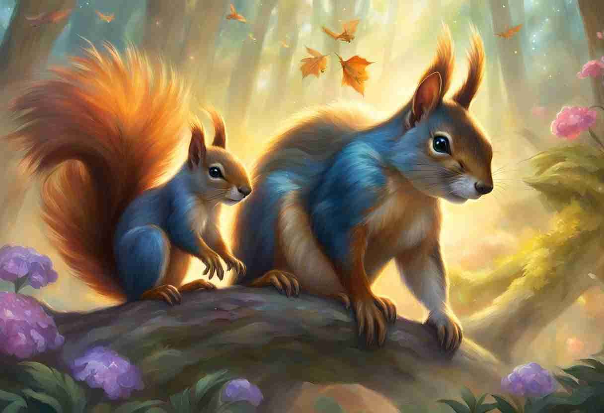 Large and small squirrels peering over a hill