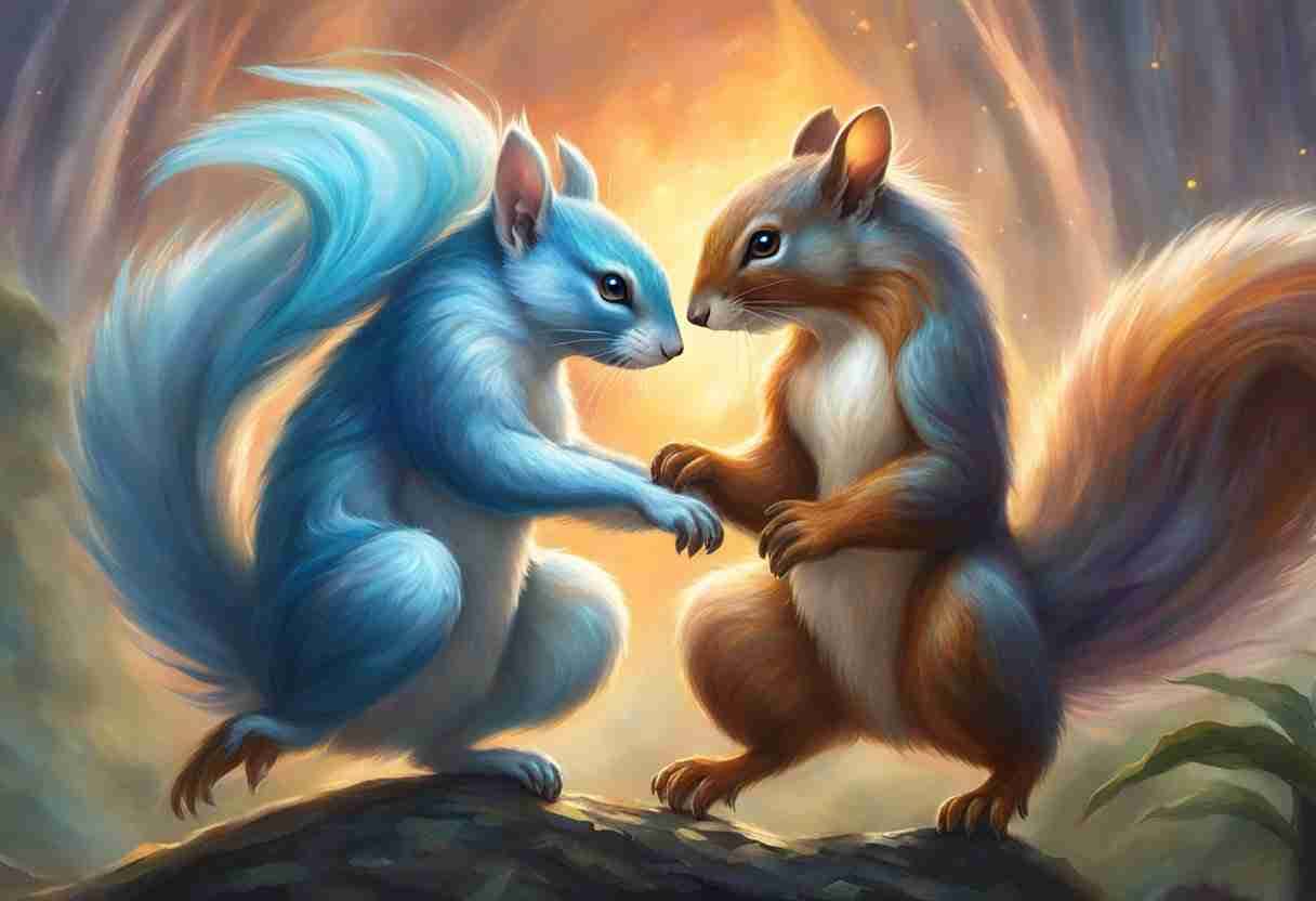 White and reddish brown squirrel holding paws