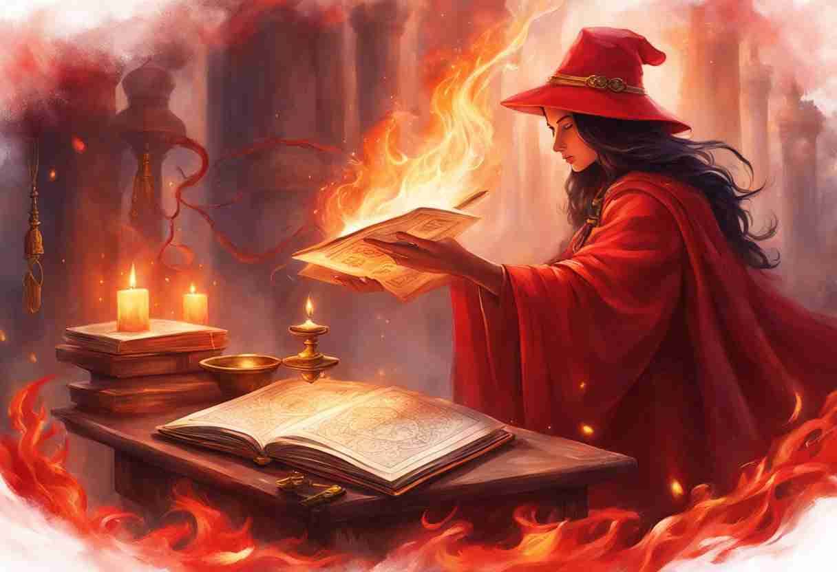 Young brunette female mage in red robes and red wizard hat studying spellboooks, and holding a paper that is on fire