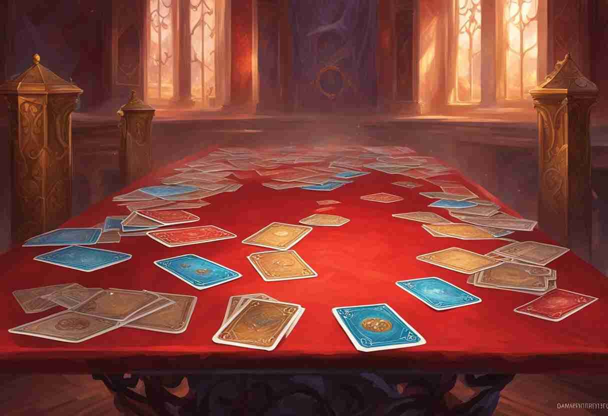Red table in large room with magical cards scattered across it