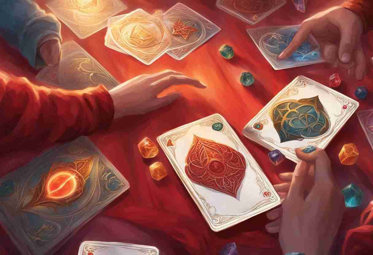 A magical card game being played with cards and dice.
