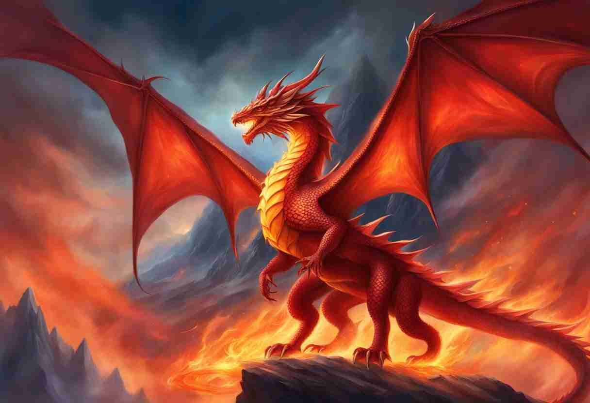 Large red 6 legged dragon surrounded in fire on the edge of a peak
