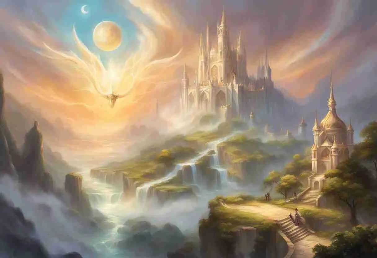 a castle on a hillside with rivers flowing around it and a white dragon flying by