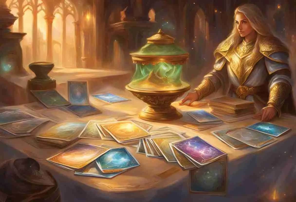 an armored woman at a table with many cards spread out and a glowing gold and green chalice in front of her