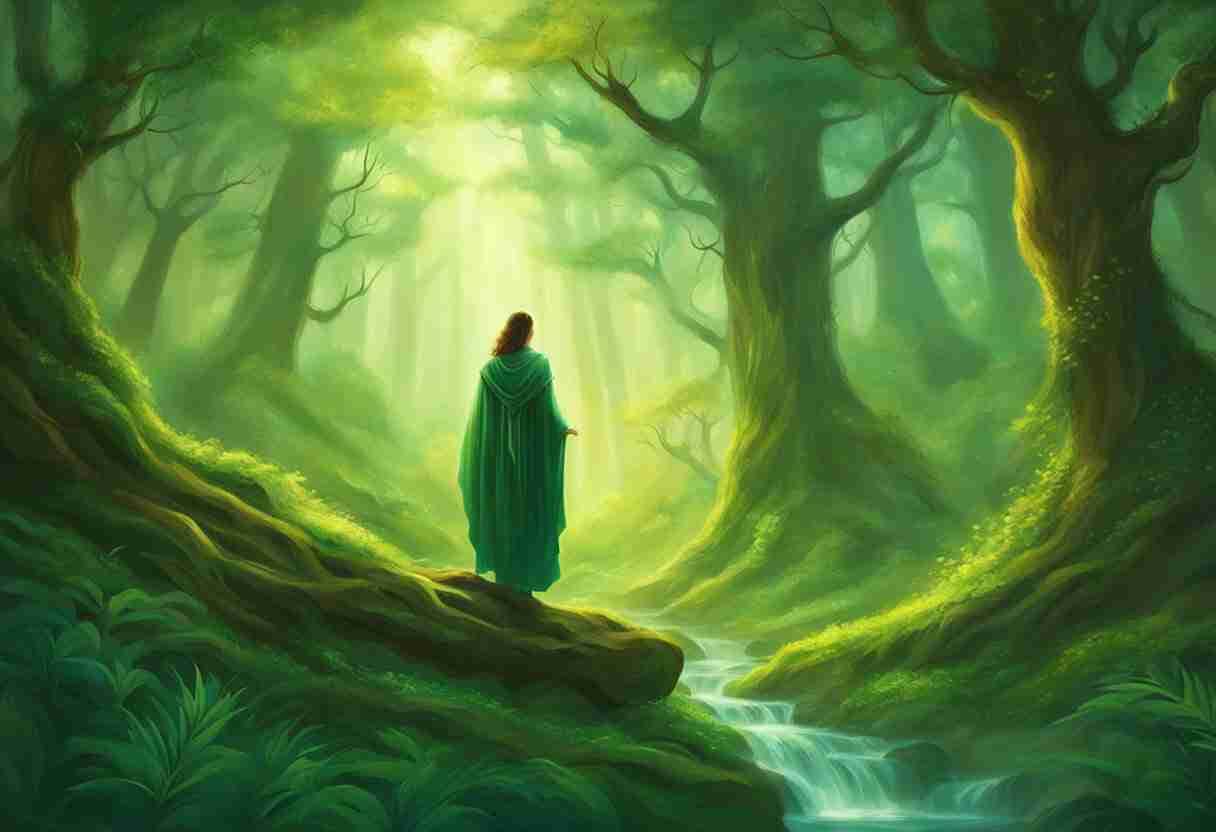 female mage in green robes walking in a very green woods next to a creek with the sun shining down, representing mtg green tutor cards