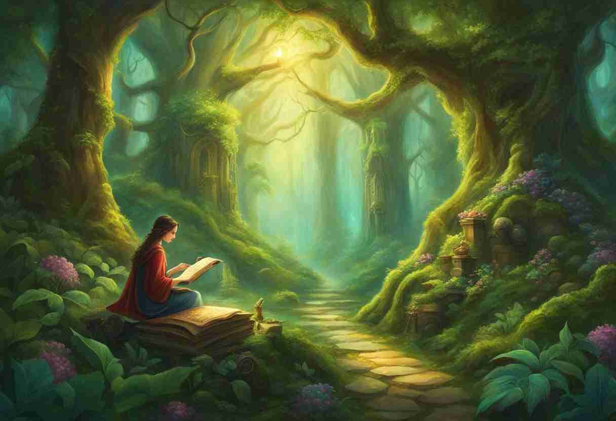 female mage sitting on a hill in a very green woods reading a book, with the sun shining down on her and the path next to her