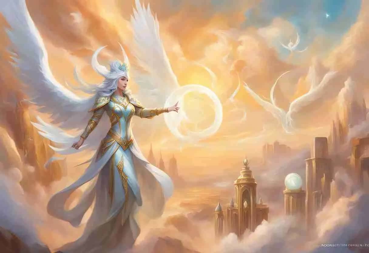 a fantasy armored female angel flying over a temple