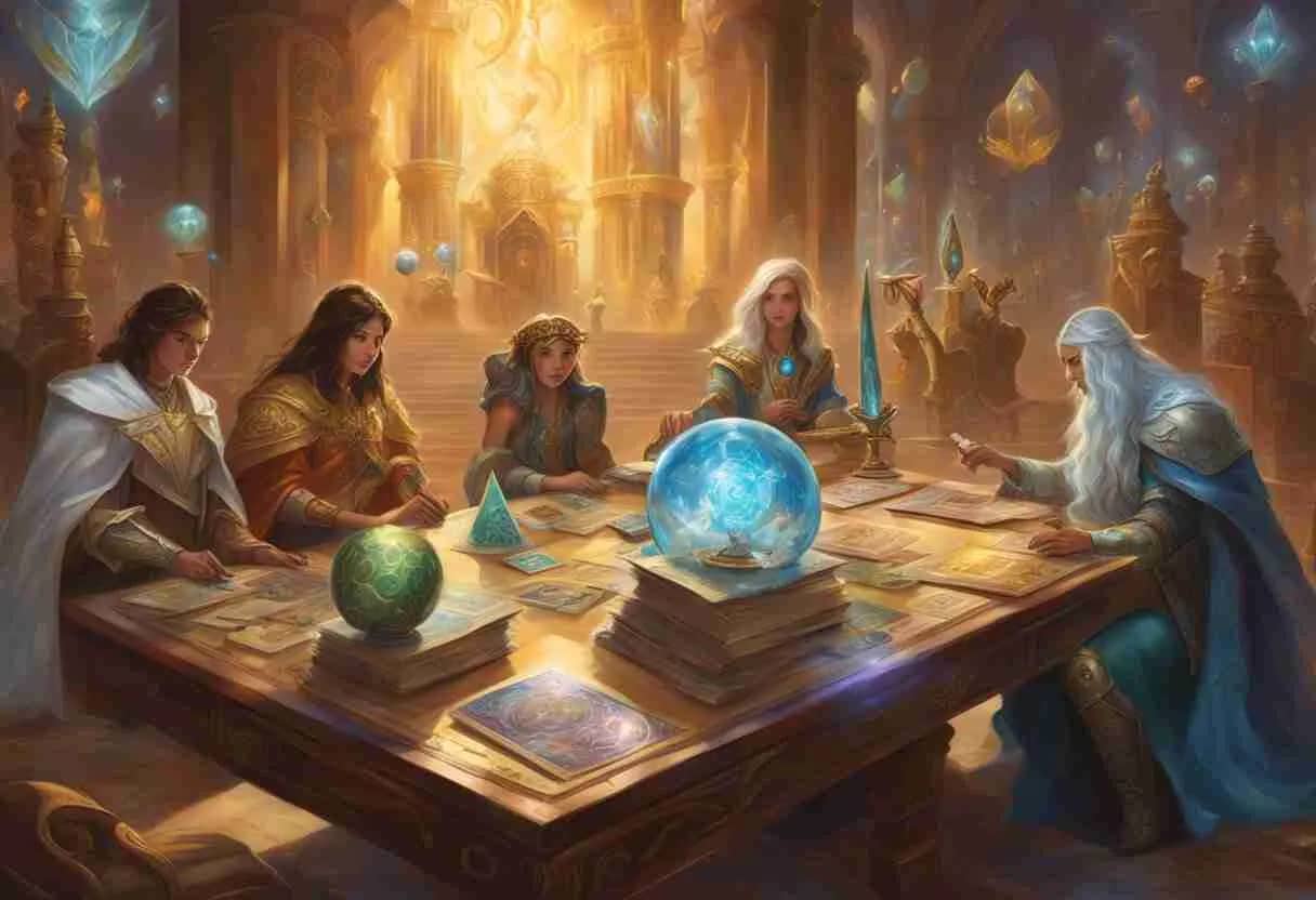 Several women in mage robes sitting around a table adorned with stacks of magical cards and objects