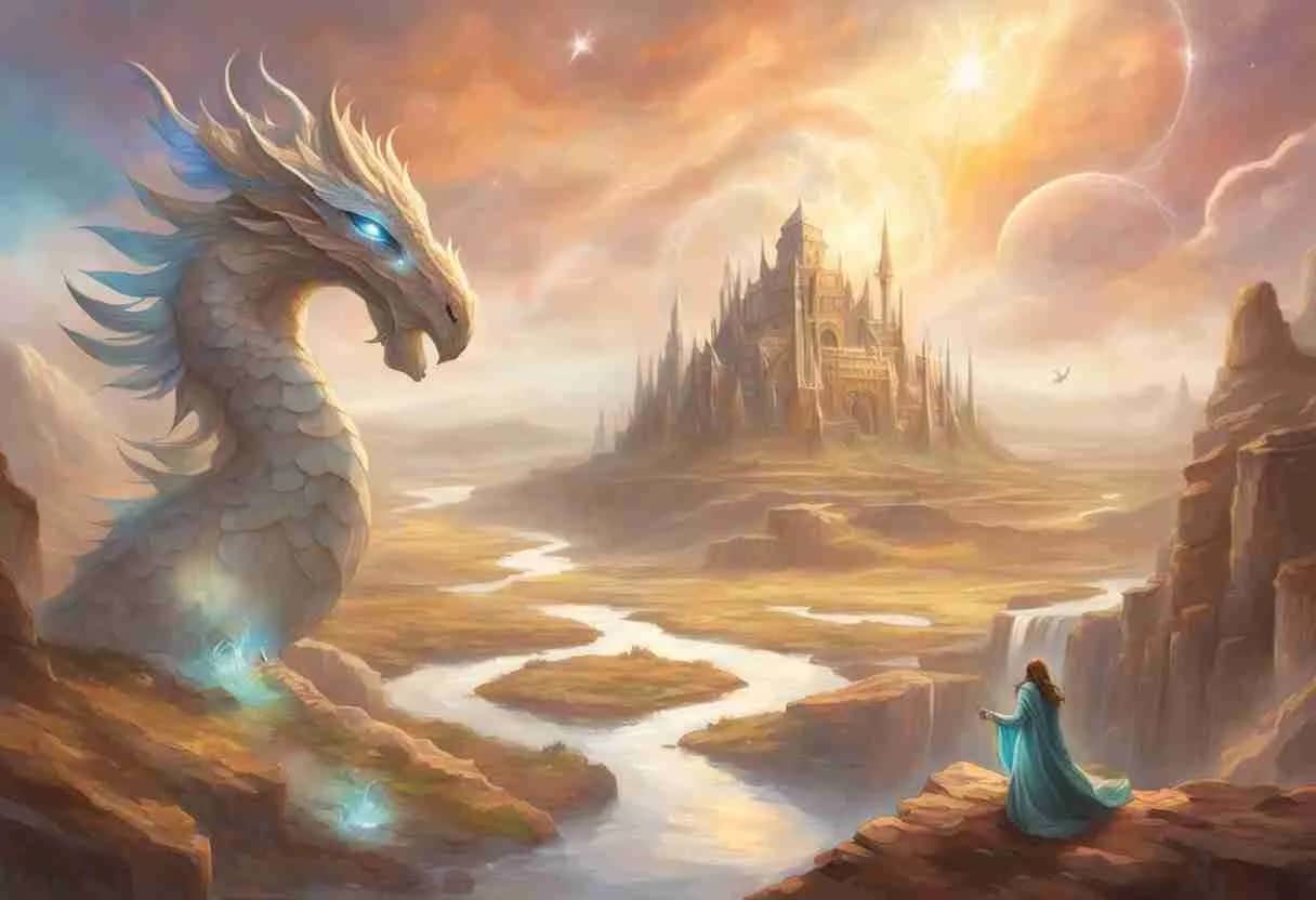 A woman in blue robes standing on a cliff overlooking a river valley and a castle. On a cliff opposite her is a white scaled blue glowing eyed dragon