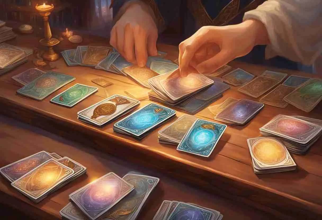 The arms of 2 people examining stacks of magical cards on a table