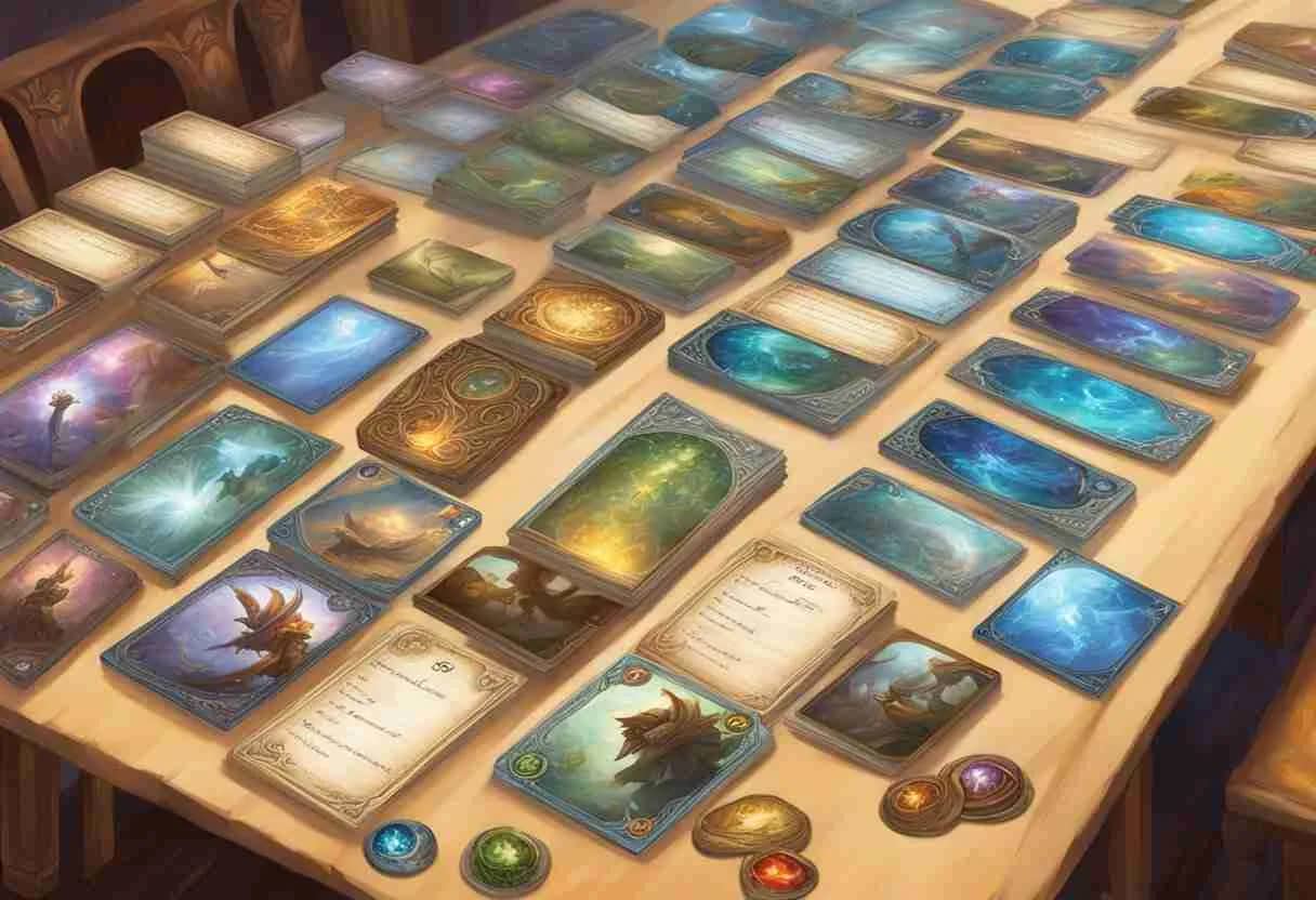 A wooden table with stacks of magical cards laid out all over it
