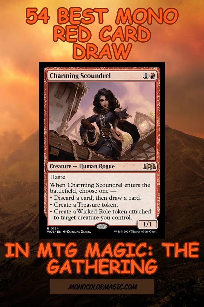 Pinterest pin image that contains MTG card Charming Scoundrel and the title of this post
