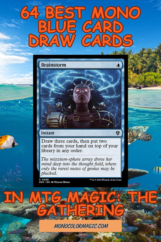 Best Blue Card Draw Pinterest pin image with MTG Brainstorm card over a tropical island background