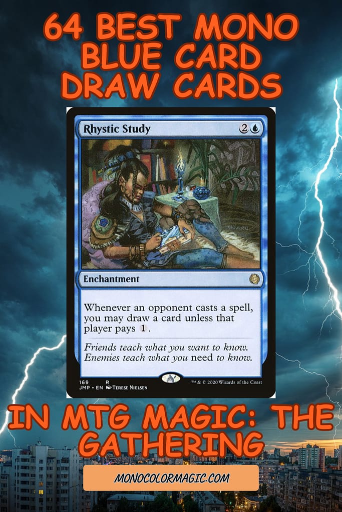 Best Blue Card Draw Pinterest pin image of MTG card Rhystic Study over a blue and white lit up by lightning sky background