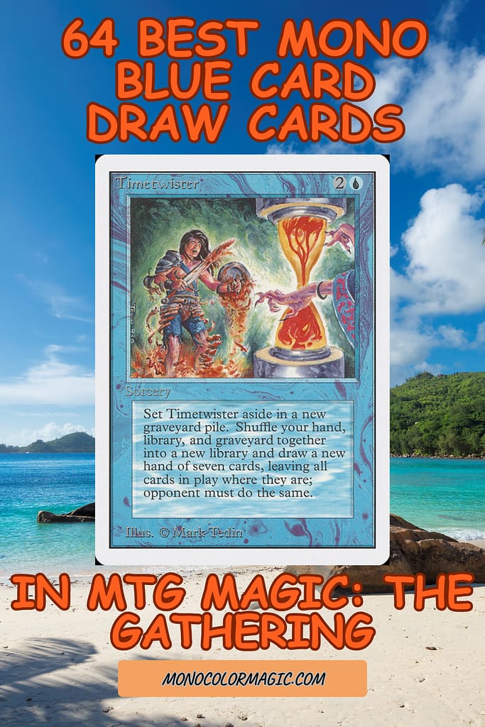 Blue card draw Pinterest pin image with MTG Timetwister card over a tropical island background